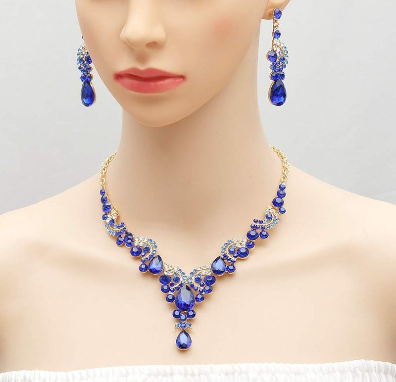 CSY 4 Pcs/Sets Elegant Crystal Necklace Earrings Bracelet Ring Bridal Wedding Costume Jewelry Sets for Brides Women Gifts (Royal Blue) - Image 3